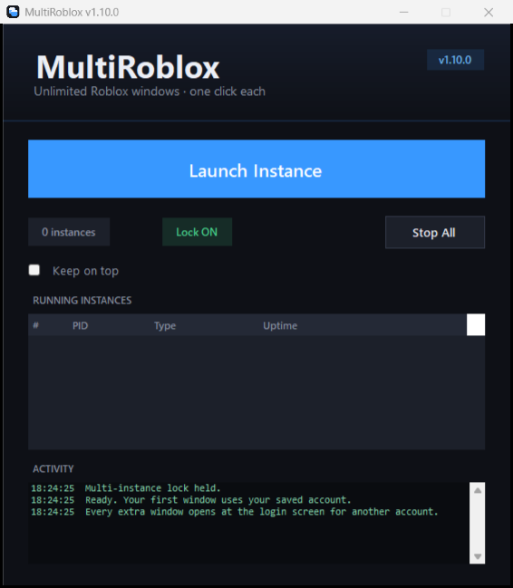 MultiRoblox app window showing Launch Instance, live status, and running clients